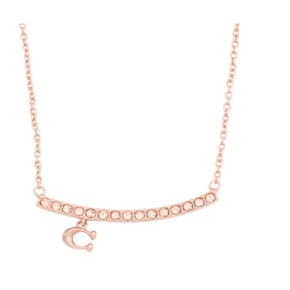 Coach Signature Pave‎ Bar Necklace in rose gold tone NWT